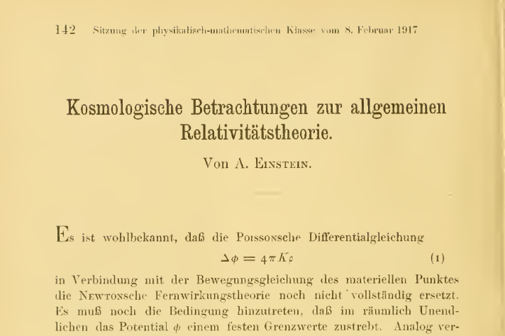 L'article d'Einstein de Février 1917 sur les implications cosmologiques de la relativité générale.